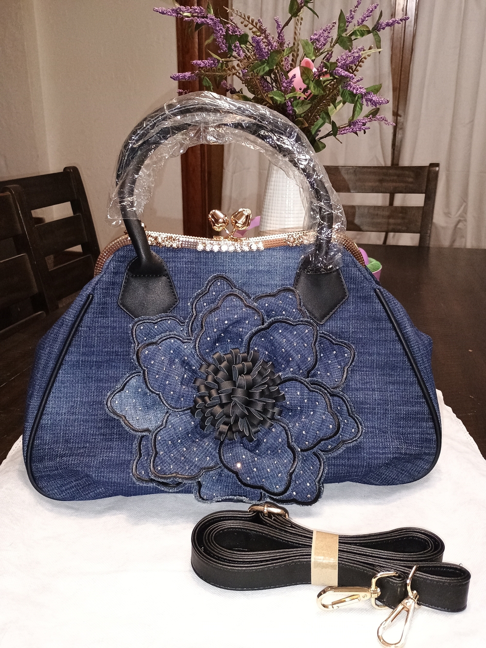 Denim Handbag with Black Detachable Strap